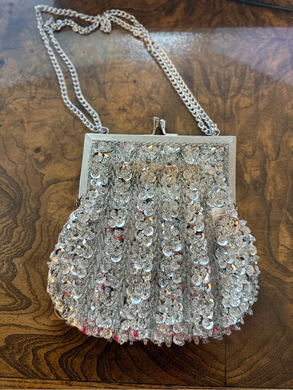 Vintage 1950s 60s Silver Beaded Sequin Evening Bag Hong Kong